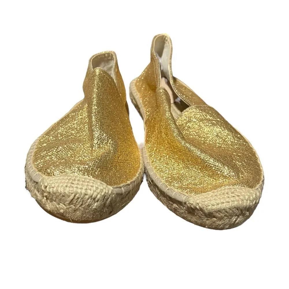 J Crew‎ Shoes 11 Gold Flats Made-in-Spain Espadrille Metallic Canvas Jute BT389